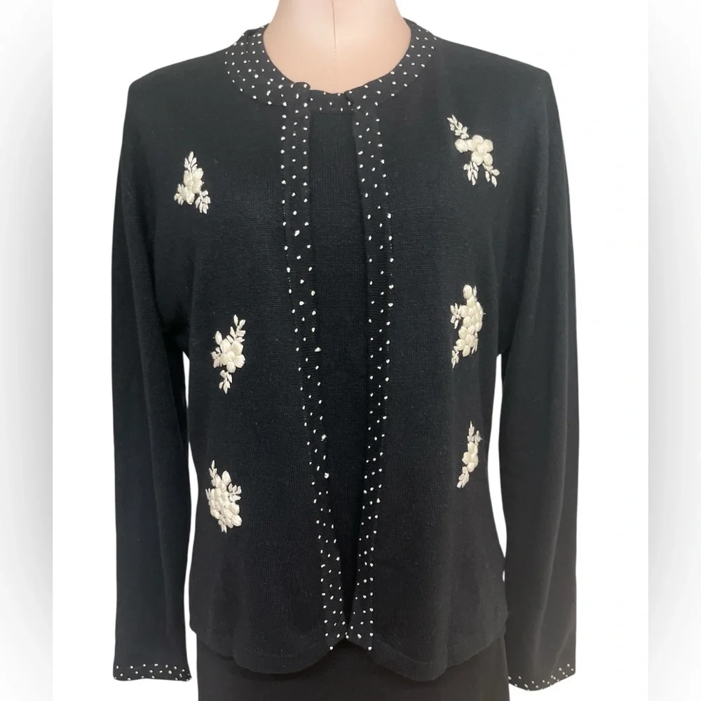 Emma James Black Embroidered Silk Blend Cardigan Sweater Set Size M